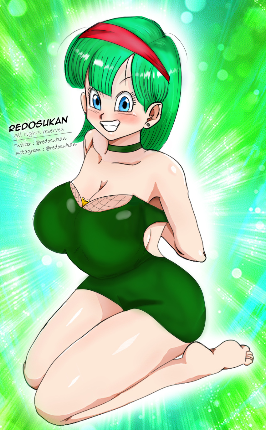 artist_name blue_eyes blue_hair blush breasts bulma_briefs bulma_briefs_(frieza_saga) copyright_name dragon_ball dragon_ball_super dragon_ball_z green_eyes green_hair redosukan sideboob