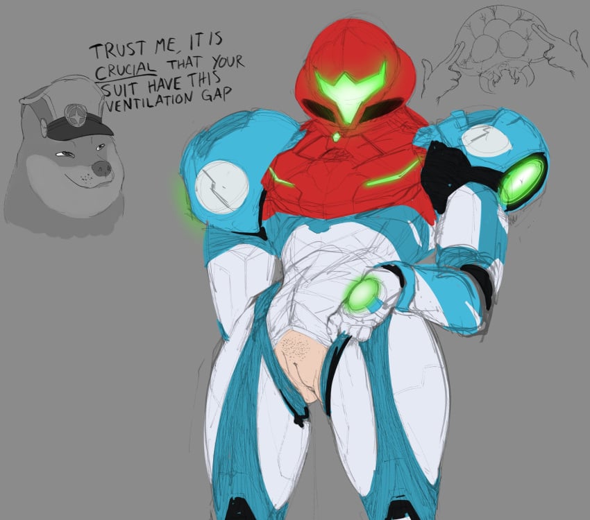 1boy 1girls 1monster 2021 absurd_res adam_malkovich armor armored_samus baby_(metroid) canine cap clitoris crotchless_armor crotchless_clothes dababy doge english_text female finger_gun glowing grey_background half-closed_eyes hands hat helmet highres looking_at_another male meme metroid metroid_(creature) metroid_dread monster neon_lights nintendo pervert pose power_armor power_suit pubic_hair pubic_stubble pussy samus_aran shiba_inu shoulder_armor simple_background skindentation standing text thighs wyvernn