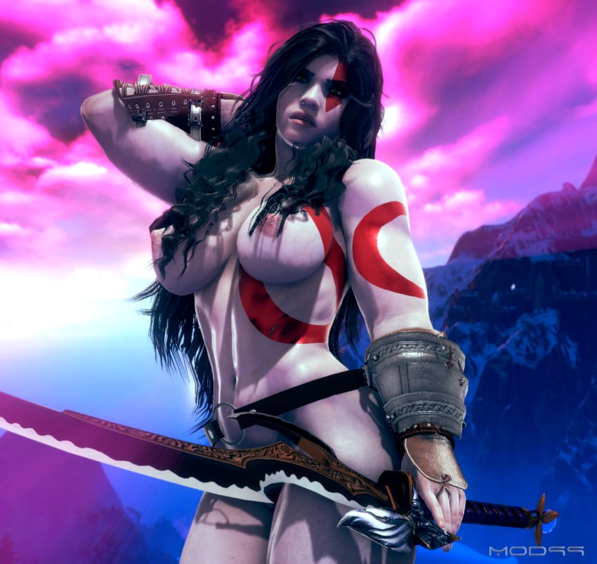 3d_(artwork) amazon angry armour big_breasts body_markings buff dark_hair female female_only fit fit_female god_of_war green_eyes highres honey_select kratos kratos_(female) mod99 muscular muscular_female nipples open_mouth posing rule_63 six_pack tattoo thick_thighs