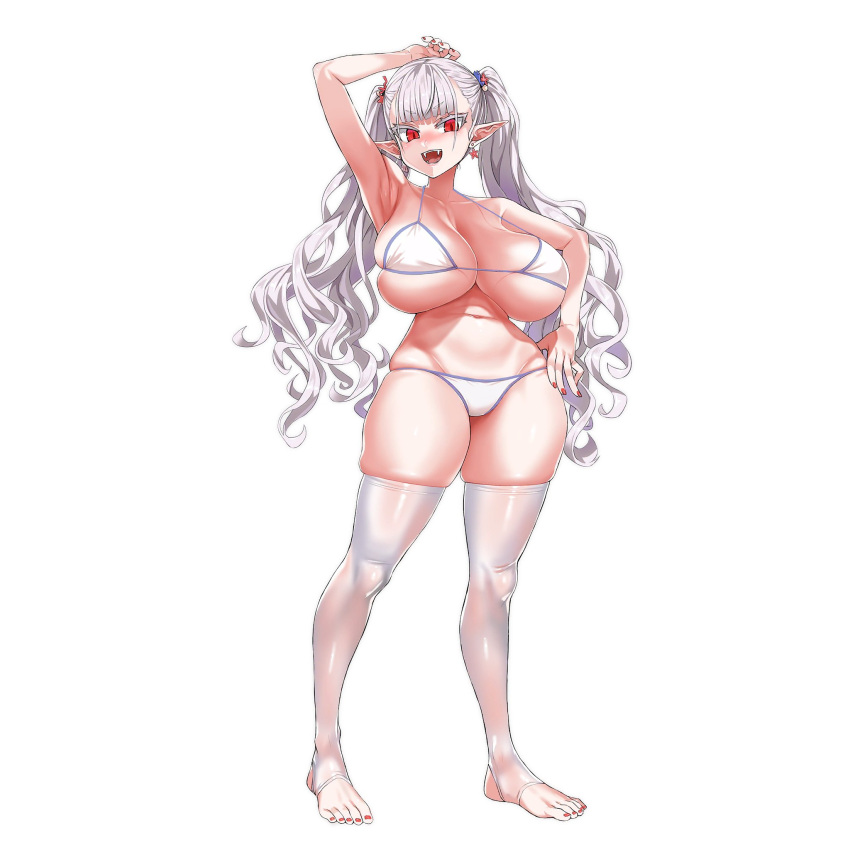 1girls alternate_costume asanagi big_breasts blush curvy draculina_(last_origin) draculina_(micro_bikini)_(last_origin) fangs huge_breasts last_origin light-skinned_female light_skin looking_at_viewer midriff official_art pale-skinned_female pale_skin red_eyes short_hair silver_hair thick_thighs thighhighs twintails underwear vampire