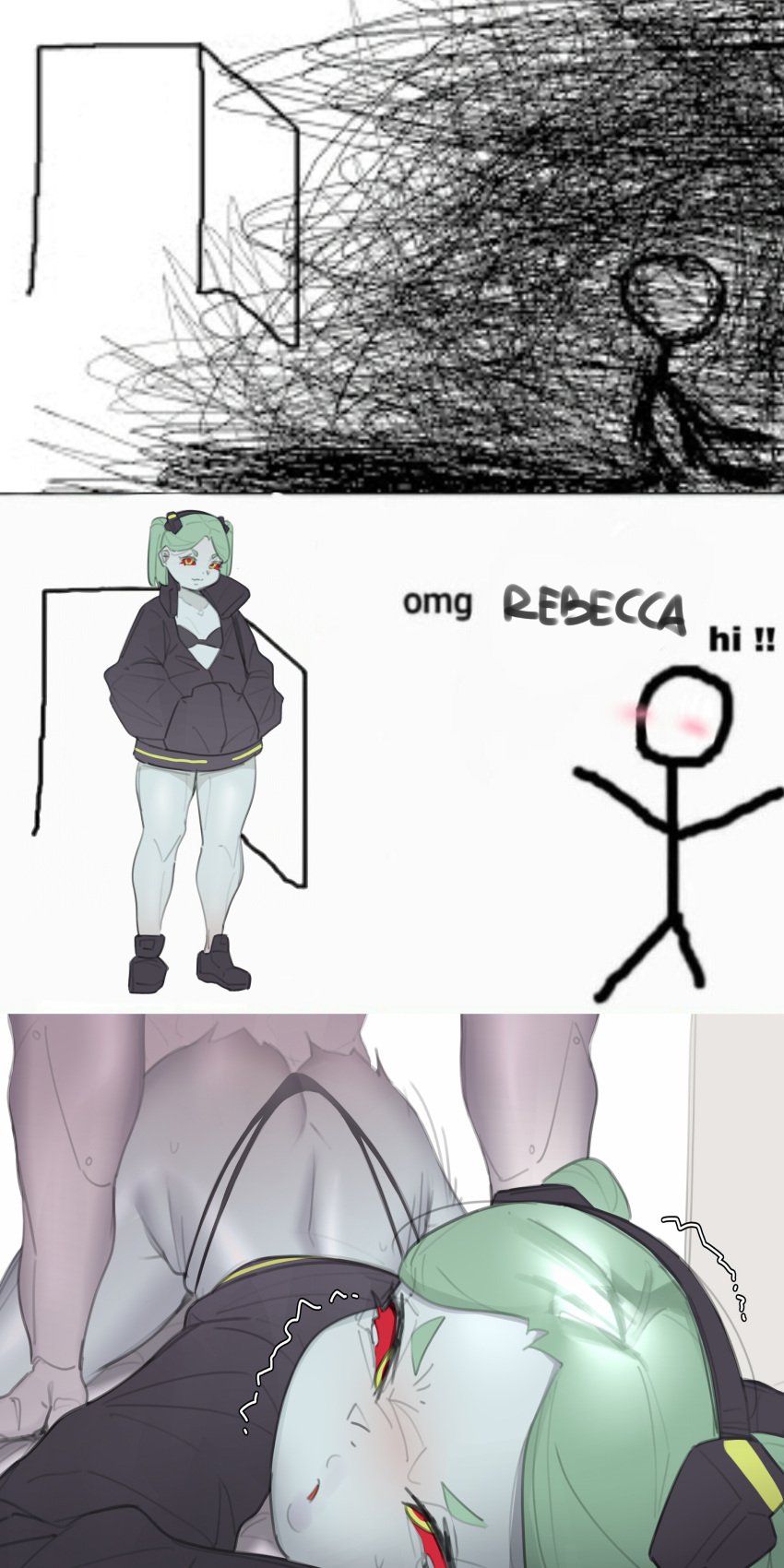 1girls cyberpunk:_edgerunners female green_hair kneeling male meme panels rebecca_(edgerunners) sex taken_from_behind top-down_bottom-up tttinkaaaaa