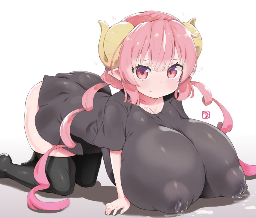 all_fours bea_(adfhbcf4326) big_ass big_eyes big_head black_clothing black_legwear breast_press breast_squish breasts curled_horns cute dragon_girl dragon_horns female horns huge_breasts ilulu_(dragon_maid) lactation lactation_through_clothes lactation_without_expressing light-skinned_female light_skin looking_at_viewer matching_hair/eyes milk milk_puddle miss_kobayashi's_dragon_maid neoteny nipple_bulge nipples_visible_through_clothing pink_eyes pink_hair pointy_ears puffy_areola puffy_nipples red_hair short_ears short_sleeves shortstack skindentation small_but_busty small_hands soft_breasts solo thick_thighs thigh_socks thighhighs top_heavy twintails wavy_mouth