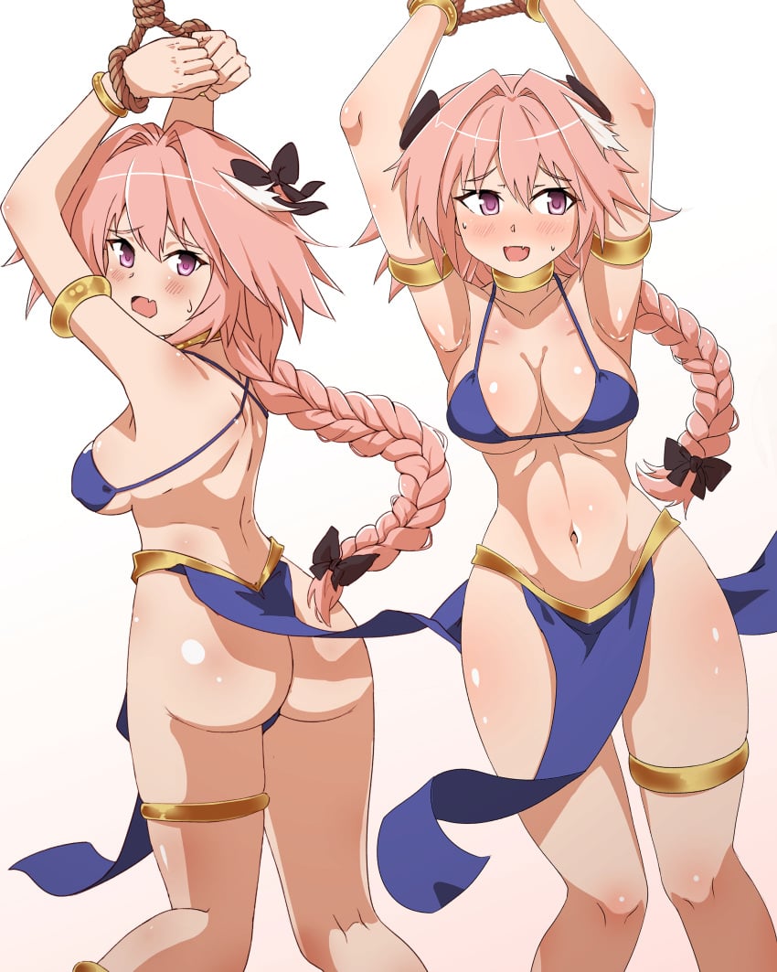 1girls ass astolfo_(fate) big_ass big_breasts braided_hair breasts fate/grand_order fate_(series) female hair_ribbon lhofi pink_hair revealing_clothes rule_63 solo thick_thighs thighs tied_hands