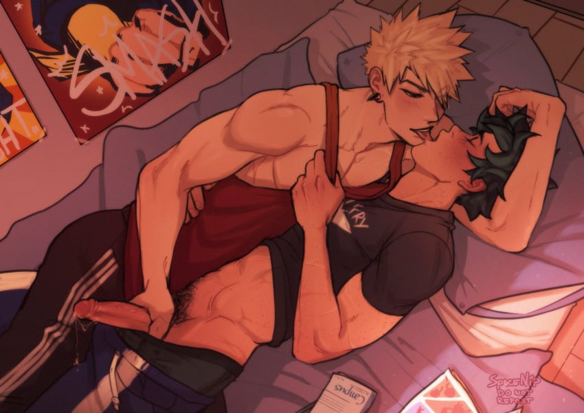 2boys bed bedroom blonde_hair clothed clothing gay genitals green_hair hand_on_penis handjob izuku_midoriya katsuki_bakugou lying_down lying_on_back lying_on_side male male/male male_only my_hero_academia open_mouth penis pillow pubes pubic_hair shirt_grab spacenipnops spiky_hair tongue tongue_in_mouth yaoi