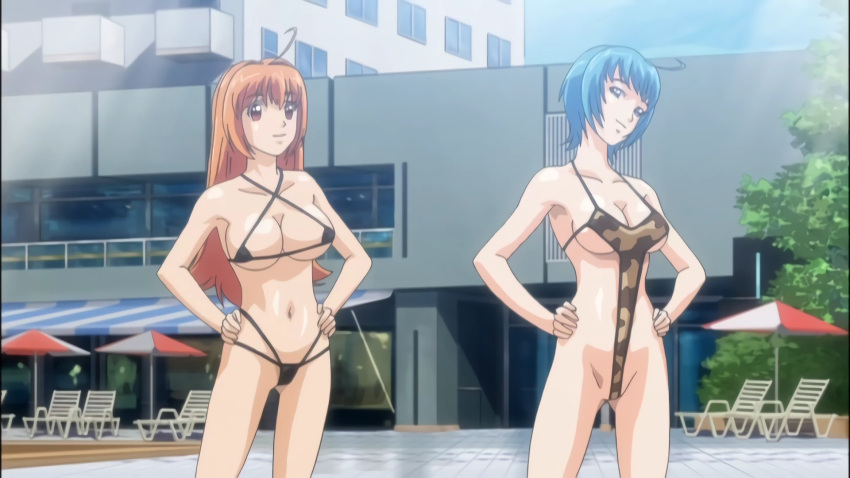 2girls bikini_competition black_string_bikini blue_eyes blue_hair brown_eyes brown_hair byakko_akiha haramasete_seiryuu-kun! light-skinned_female long_hair multiple_girls orange_eyes orange_hair pale-skinned_female screencap screenshot short_hair sling_bikini slingshot_swimsuit string_bikini suzaku_natsuhime swimsuit_competition swimwear_competition