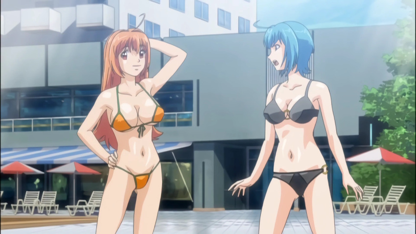 2girls bikini bikini_competition blue_eyes blue_hair brown_eyes brown_hair byakko_akiha g-string grey_bikini haramasete_seiryuu-kun! light-skinned_female long_hair multiple_girls orange_bikini orange_hair pale-skinned_female screencap screenshot short_hair suzaku_natsuhime