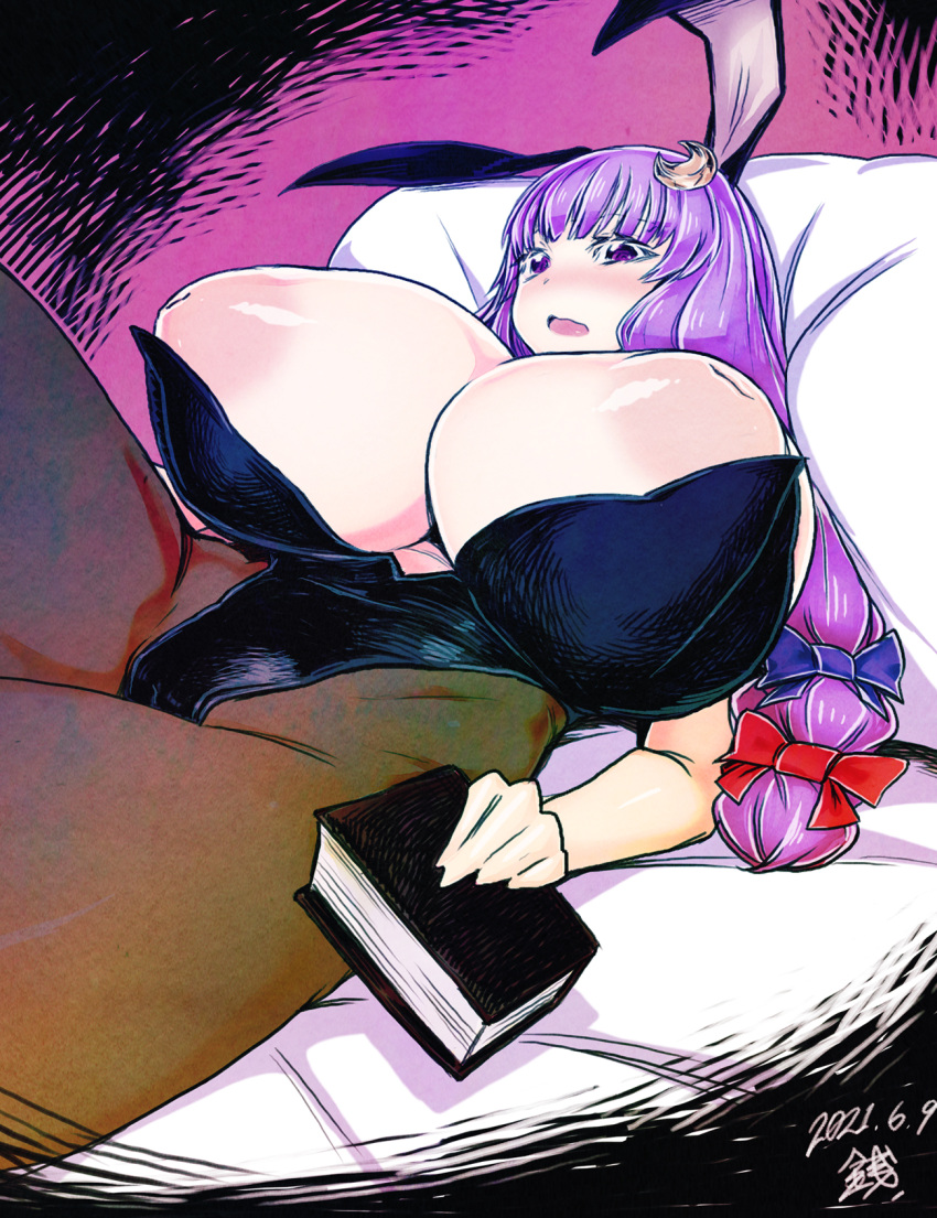 bed blush book breasts bunny_ears bunnysuit hair_ribbon huge_breasts inverted_nipples kanenomori999 nipples patchouli_knowledge purple_eyes purple_hair sentarou tagme touhou