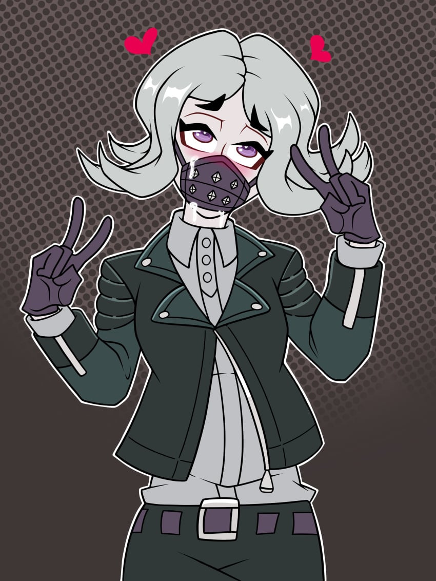 1girls ahe_gao bell_haircut danganronpa danganronpa_(series) deep_blush female grey_hair happy happy_female heart horny_female kimura_seiko mask owl_pie peace_sign rolling_eyes saliva simple_background straight_hair thin_female upwing_bell