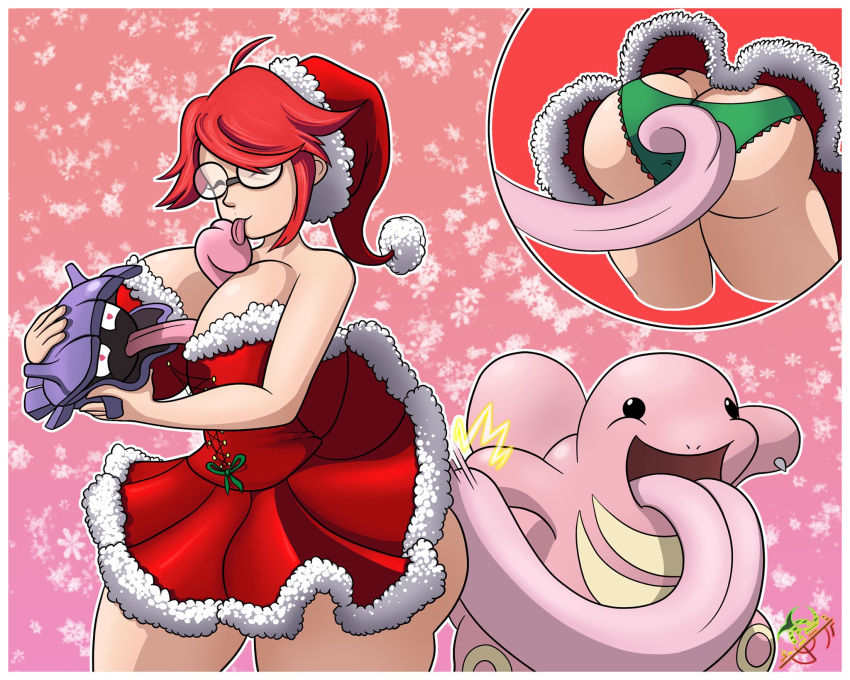 1girls ass ass_cleavage breasts butt_crack christmas elite_four female female_only glasses huge_ass huge_breasts human licking lickitung lorelei_(pokemon) nintendo pokemon pokemon_rgby pokephilia red_hair roga14 shellder