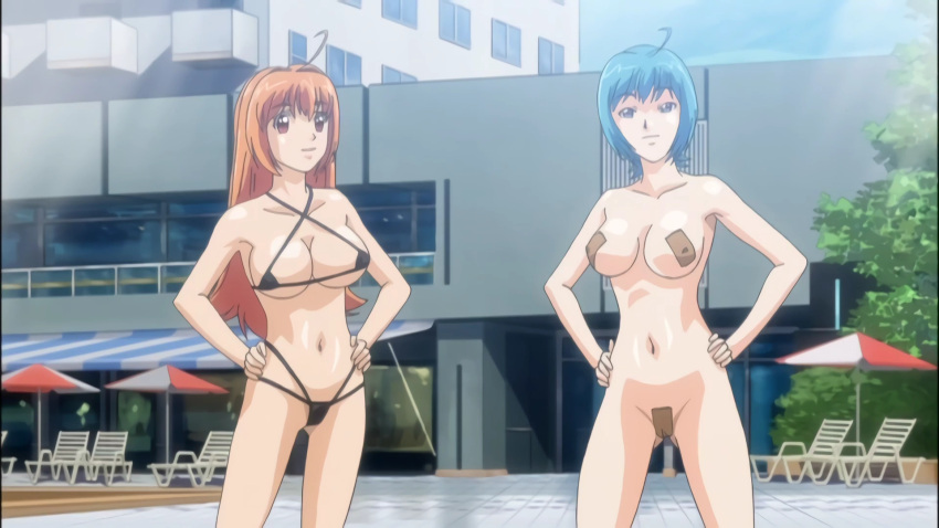 2girls bikini_competition black_string_bikini blue_eyes blue_hair brown_eyes brown_hair byakko_akiha competition_swimsuit female haramasete_seiryuu-kun! light-skinned_female light_skin multiple_girls nude nude_female orange_eyes orange_hair pale-skinned_female pale_skin pasties screencap screenshot string_bikini suzaku_natsuhime swimsuit_competition swimwear_competition tape_pasties taped_breasts taped_nipples taped_pussy