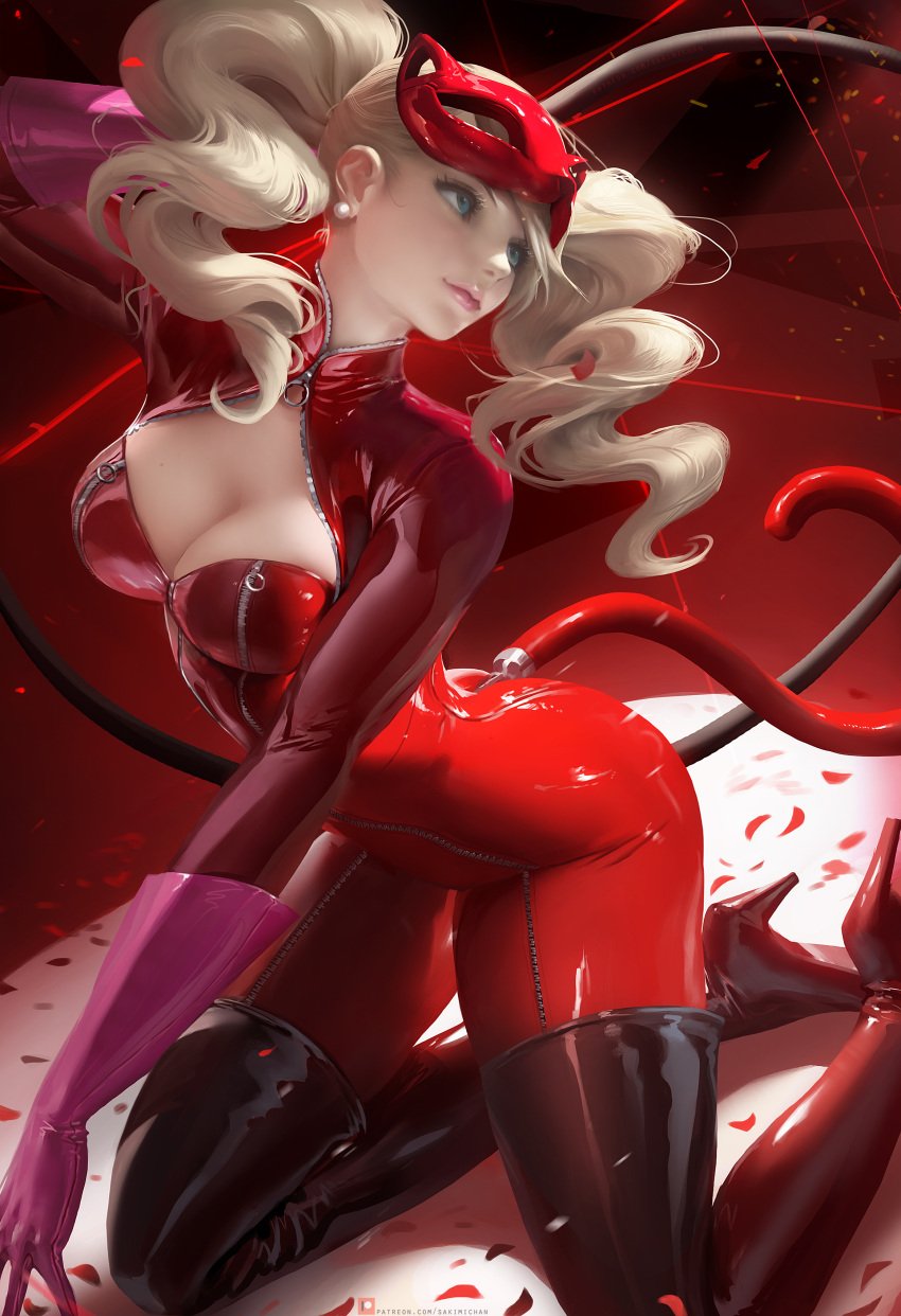 anaglyph ann_takamaki blonde_hair blue_eyes bodysuit boots breasts cleavage clothed_female clothing covered_breasts earrings elbow_gloves fake_tail feline female female_only footwear gloves high_heel_boots high_heels high_res hips human jewelry kneeling large_breasts legs long_hair mask mask_removed pale_skin persona persona_5 phantom_thief_suit pink_gloves red_boots red_footwear red_legwear red_shoes sakimichan shiny shiny_suit shoes skin_tight skindentation solo tail thigh_boots thighhighs thighs tied_hair tight_clothes twintails video_game whip zipper