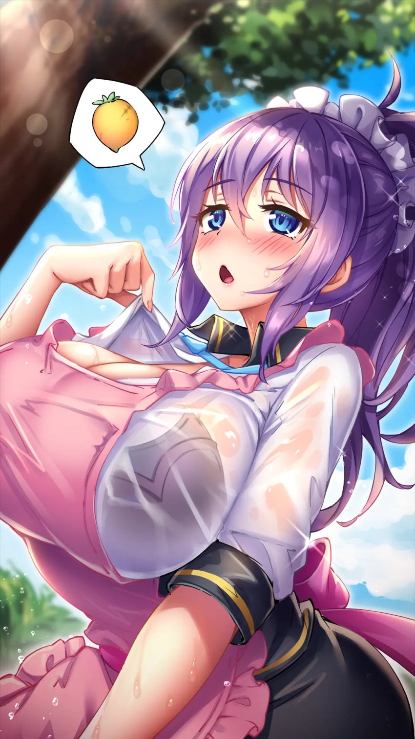 apron big_breasts black_bra blue_eyes bra bra_visible_through_clothes clouds eyebrows_visible_through_hair female fully_clothed game_cg hair_between_eyes lemon lucy_(project_qt) nutaku open_mouth pink_apron ponytail project_qt purple_hair see-through see-through_clothing sky solo solo_female solo_focus sweat sweatdrop tree