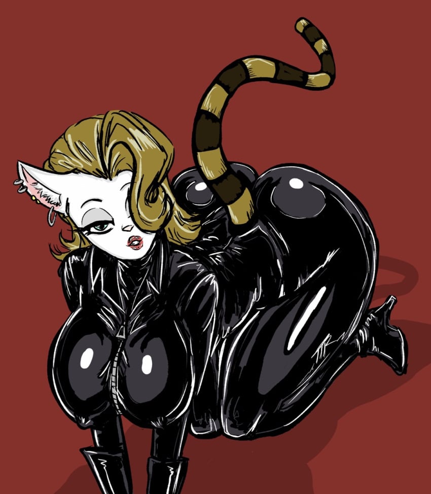 all_fours anthro arched_back big_ass big_breasts big_butt big_nipples blonde_hair bodysuit breasts cat_humanoid cleavage ear_piercing eyelashes eyeshadow feline feline_humanoid female female_only green_eyes hair_over_one_eye heels high_heels hips kojoarts latex latex_suit lips lipstick long_tail looking_at_viewer looking_up medium_hair narrowed_eyes naughtypaw_(artist) nipple_bulge nipple_visible_through_clothes on_all_fours puckered_lips red_background red_lips shiny_clothes solo_female thick_thighs thighs ttherandom tthrandom tthrandom_rp voluptuous white_fur wide_hips