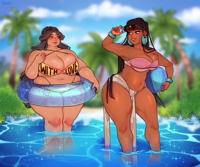 2girls alternate_body_type bbw beli_lapran bikini breasts chel cherbit chubby_female cleavage crossover dark-skinned_female dark_skin fat female female_only huge_breasts huniepop overweight swimsuit the_road_to_el_dorado thick_thighs wide_hips