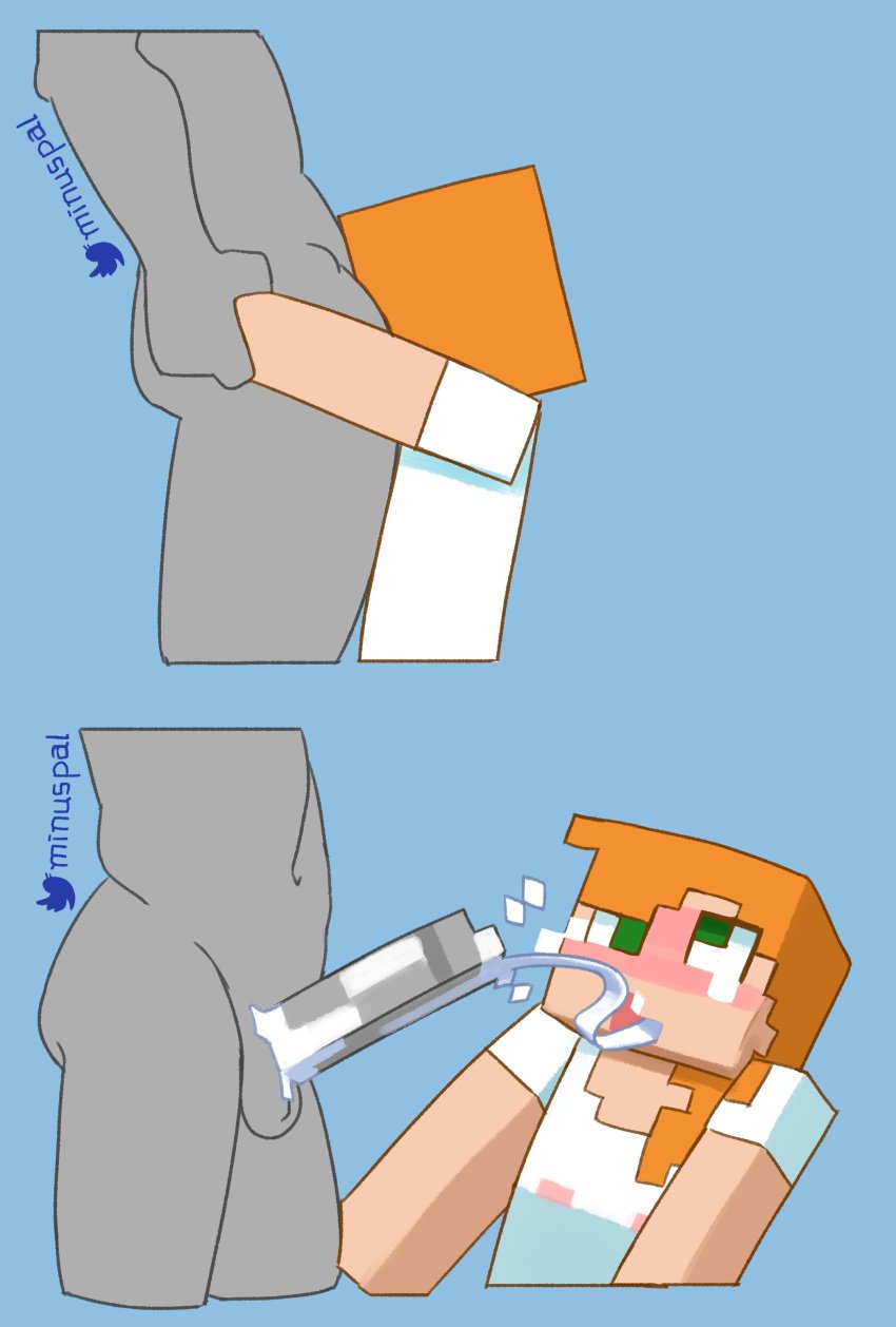 1boy 1girls 2021 absurd_res ahe_gao alex_(minecraft) anon arm_grab artist_name ass bare_arms big_penis block_head blocky_anatomy blocky_body blue_background blush breasts clothed_female_nude_male clothing cube cube_body cube_head cubic_anatomy cubic_body cubic_breasts cum cum_drip cum_in_mouth cum_in_throat cum_inside cum_string cum_trail cumshot deepthroat ejaculation erection fellatio female flat_chest forced_deepthroat forced_oral gag gagging glans green_eyes grey_skin hair_over_shoulder highres long_hair male minecraft minus8 navel nintendo nipples nipples_visible_through_clothing no_bra nude open_mouth oral orange_hair penis polygonal see-through see-through_clothing shirt side_view signature simple_background square_(anatomy) square_anatomy square_body square_head standing super_smash_bros. tears testicles thighs tight_throat twitter_username wet wet_clothes