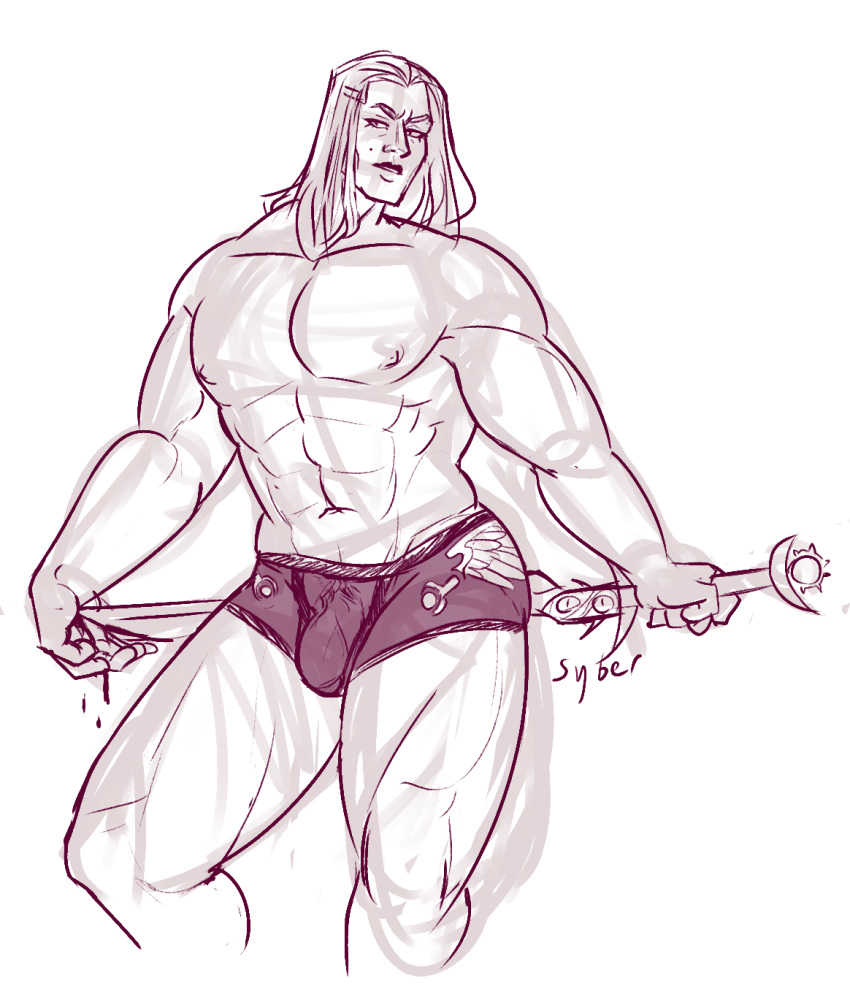 1boy bara bara_tits beauty_mark blood bulge emperors_children fulgrim gay imperium_of_man long_hair long_hair_male male_focus male_solo monochrome muscular muscular_male primarch sketch sketchy solo_male sword syberfab underwear warhammer_(franchise) warhammer_40k