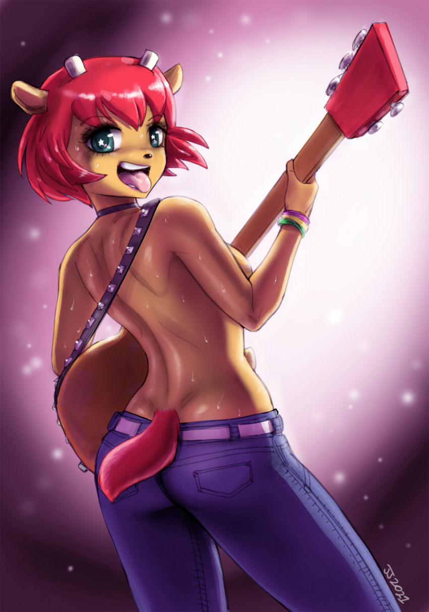 ass belt breasts casual concert electric_guitar female furry guitar jeans john_joseco lammy_lamb musical_instrument parappa_the_rapper topless um_jammer_lammy wristwear