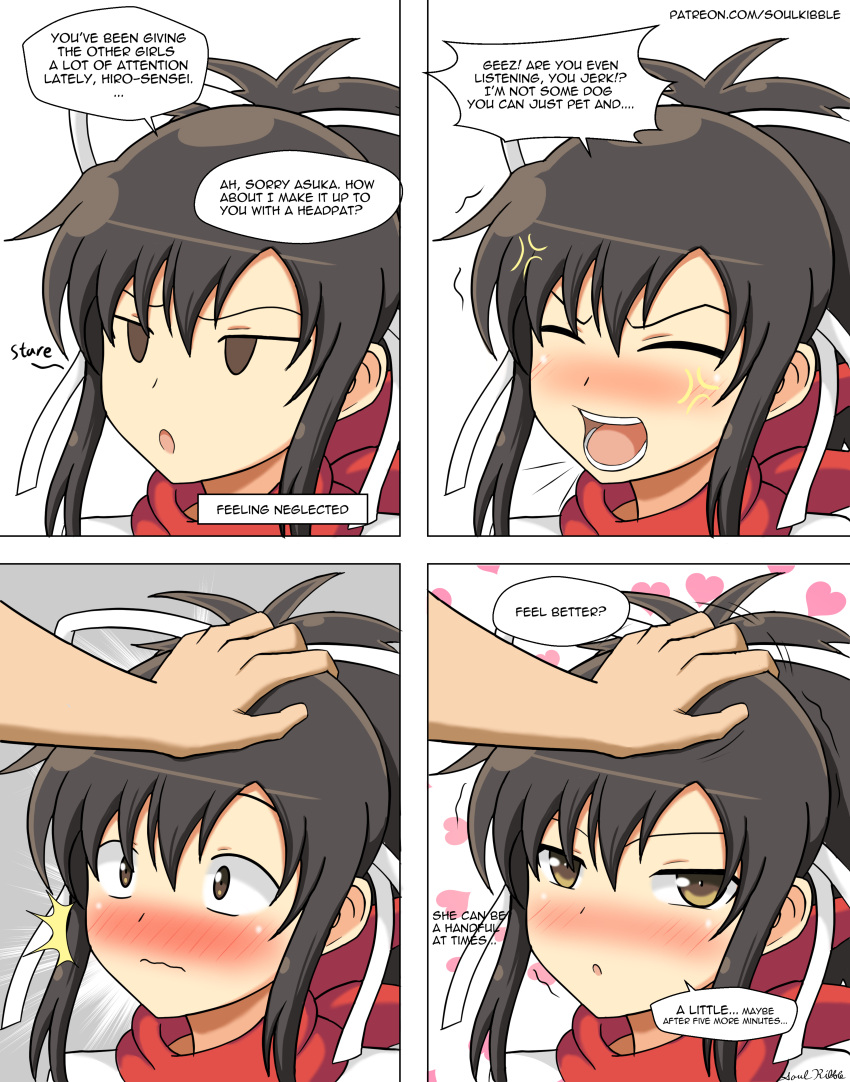 1girls anger_vein angry asuka_(senran_kagura) blush brown_eyes brown_hair closed_eyes clothed clothing comic comic_page female hair_ribbon headpat irritated jealous ponytail senran_kagura senran_kagura_(series) soulkibble surprised wholesome