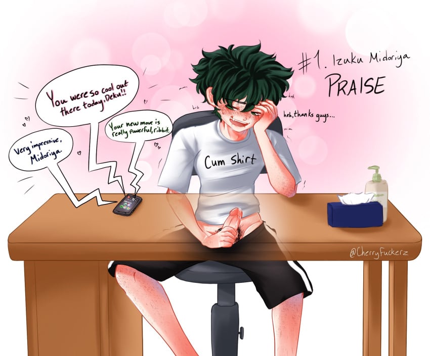 1boy blush cherryfuckerz deku exhibitionism izuku_midoriya male_focus male_only male_solo masturbation my_hero_academia penis praise praise_kink smile solo_male