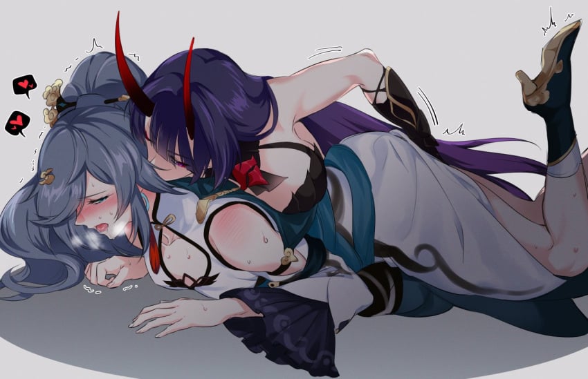 2girls bangs blue_eyes blunt_bangs blush detached_sleeves eyebrows_visible_through_hair fingering fu_hua fu_hua_(azure_empyrea) grey_background heart heavy_breathing high_heels honkai_(series) honkai_impact_3rd horns long_hair lying motion_lines multiple_girls negom on_stomach oni oni_horns open_mouth ponytail purple_hair raiden_mei raiden_mei_(herrscher_of_thunder) red_eyes red_horns saliva shoulder_blush simple_background spoken_heart sweat yuri