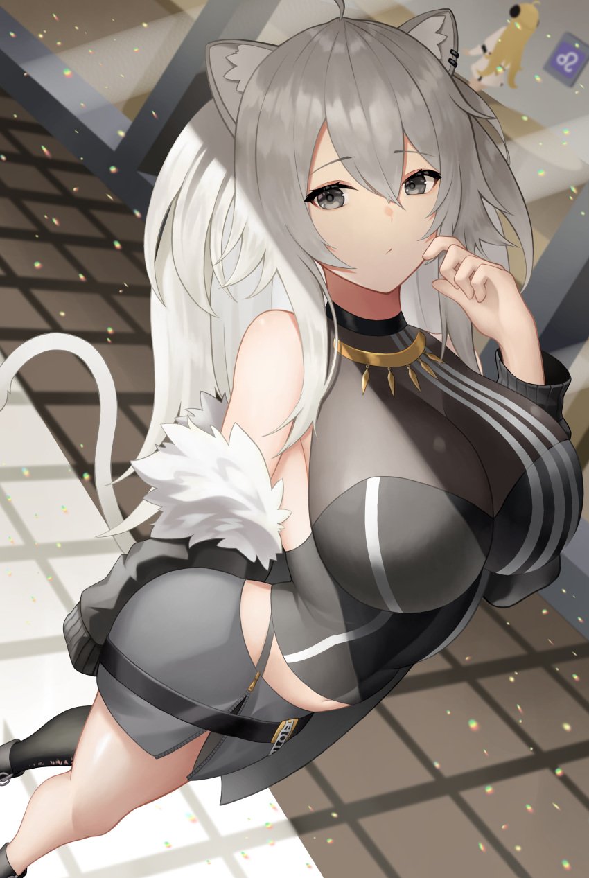 animal_ear_fluff animal_ears big_breasts big_butt cleavage female fully_clothed gray_eyes gray_hair grey_eyes grey_hair hololive hololive_gen_5 hololive_japan jacket jewelry kemonomimi lion_ears lion_girl lion_tail miniskirt monster_girl necklace removing_clothing removing_jacket roina serious shishiro_botan solo tagme taking_clothes_off transparent_clothing virtual_youtuber