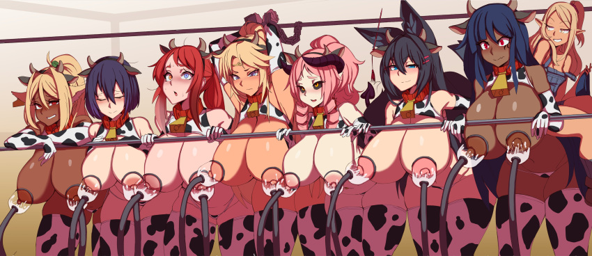 6+girls 8girls areolae bent_over breasts catgirl cow_girl daringchido demon elbow_gloves female female_only femsub gloves huge_breasts human humanoid kiri_(sub-res) lactation light-skinned_female light_skin milk milking milking_machine multiple_girls nipples original original_character pale_skin panties restrained rose_(daringchido) sharyn(bkb) standby tan thighhighs women_livestock