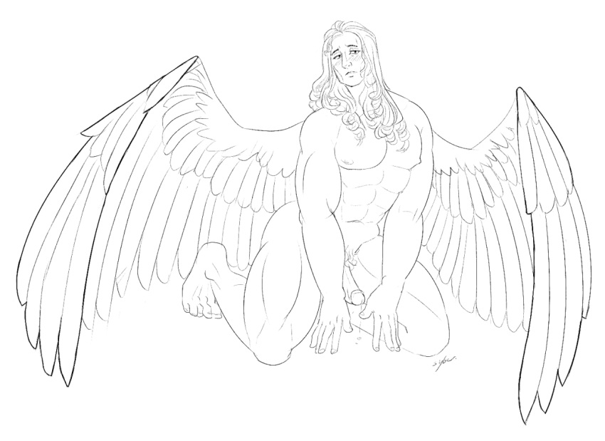 1boy bara bara_tiddies bara_tits big_penis black_and_white blood_angels blush blushing gay imperium_of_man kneeling line_art lineart long_hair long_hair_male male_focus male_solo muscular muscular_male nipples penis penis_out precum precum_drip presenting_penis primarch pubic_hair sanguinius_(warhammer_40k) solo_male syberfab warhammer_(franchise) warhammer_40k wings