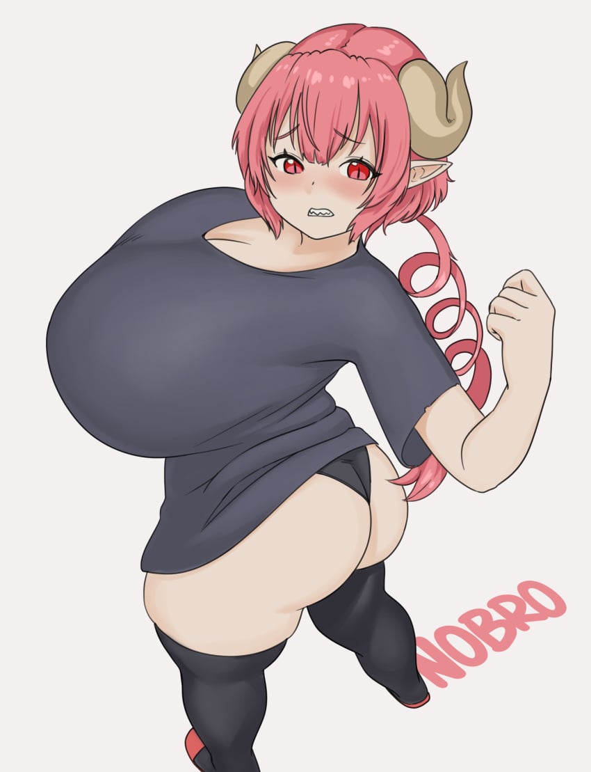 1girls ass big_ass black_panties breasts breasts_bigger_than_head cleavage female female_only huge_breasts ilulu_(dragon_maid) miss_kobayashi's_dragon_maid nobro panties ryumimi shortstack simple_background solo thick_thighs thighhighs thighs