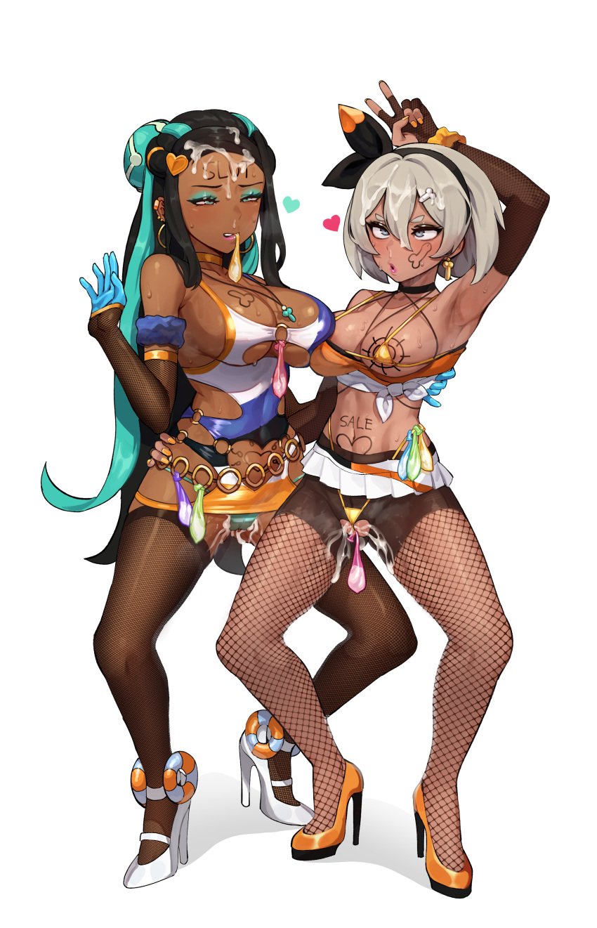 2girls 5t_(artist) after_sex arm_up armpits bea_(pokemon) big_breasts bike_shorts bikini bimbo bimbo_prostitute blue_eyes blue_hair blush body_writing breasts cameltoe cleavage clothing condom condom_accessories condom_balloon condom_in_mouth crotchless cum cum_in_pussy cum_on_breasts cum_on_face cum_wearing dark-skinned_female dark_skin degradation dress eyeshadow female female_only filled_condom fingerless_gloves fishnet_gloves fishnet_stockings fishnets full_body gloves grey_eyes grey_hair hair_ribbon half-closed_eyes high_heels human humiliation long_hair makeup micro_bikini microdress microskirt miniskirt nail_polish nessa_(pokemon) nintendo one_breast_out peace_sign pleasure_face pleated_skirt pokemon pokemon_ss prostitute public_use pussy_cutout revealing_clothes short_hair skirt spread_legs standing stiletto_heels tan-skinned_female tan_skin thick_thighs thighs thong two_tone_hair underboob_cutout used_condom v very_high_heels white_background yellow_nails