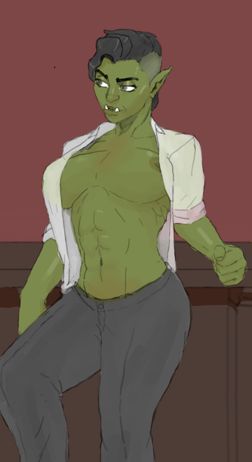 female green_skin leaning leaning_on_elbow muscular muscular_female nipple_slip open_shirt orc orc_female solo thearmadildo undercut