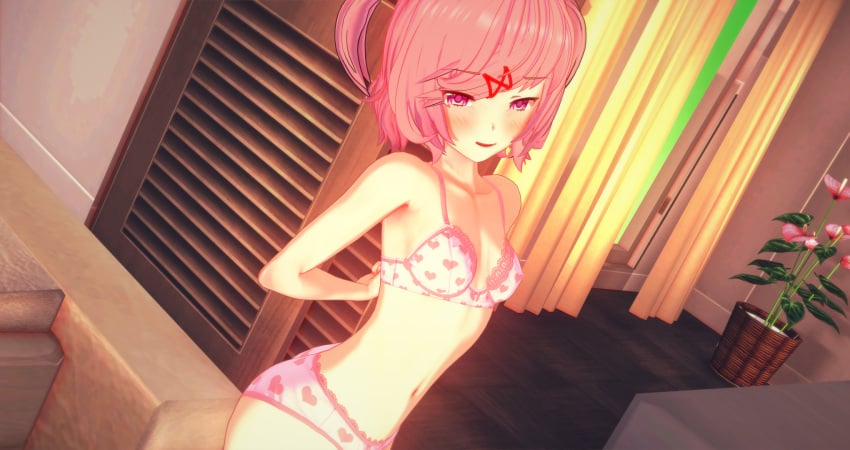 1girls ass ass bra cometz cute doki_doki_literature_club female female_only female_pervert lingerie natsuki_(doki_doki_literature_club) panties peeping pink_eyes pink_hair pink_underwear solo solo_female underwear