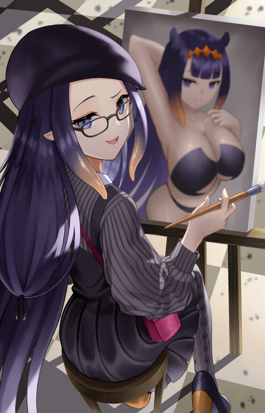 big_ass blue_eyes checkered_floor cleavage cutting_board glasses hat high_heels hololive hololive_english hololive_myth huge_breasts long_hair looking_at_viewer miniskirt multicolored_hair ninomae_ina'nis orange_hair paintbrush painting pointy_ears purple_hair purple_skin roina skimpy_clothes smug virtual_youtuber voluptuous wide_hips