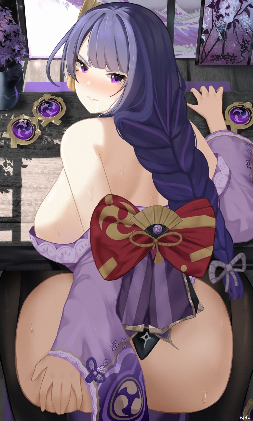 1girls absurd_res ass ass_grab bent_over bent_over_table big_ass blush braid breasts clothed_sex female from_behind genshin_impact hi_res huge_ass japanese_clothes kimono large_breasts looking_at_viewer mole mole_under_eye nvl pubic_hair purple_eyes raiden_shogun sweat vision_(genshin_impact)