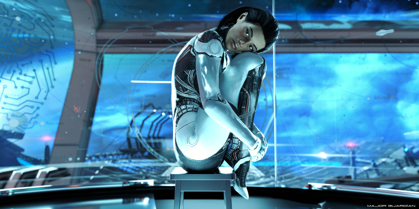 3d eva_core female major_guardian mass_effect sitting solo stool