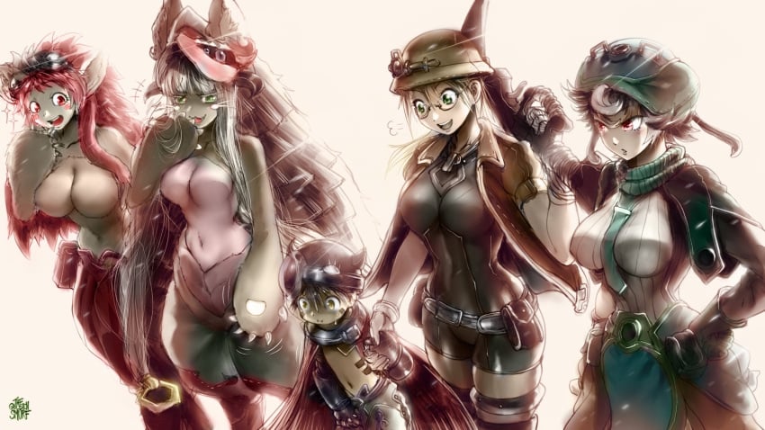 1boy 4girls age_difference hi_res light_rays made_in_abyss mitty nanachi prushka reg riko_(made_in_abyss) size_difference tagme thegoldensmurf white_background