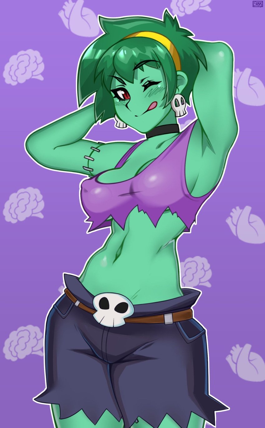 1girls breasts crop_top earrings female female_only green_hair green_skin hands_behind_head headband kernelsink medium_breasts nipple_bulge one_eye_closed red_eyes rottytops shantae shorts smooth_skin solo tagme tongue_out