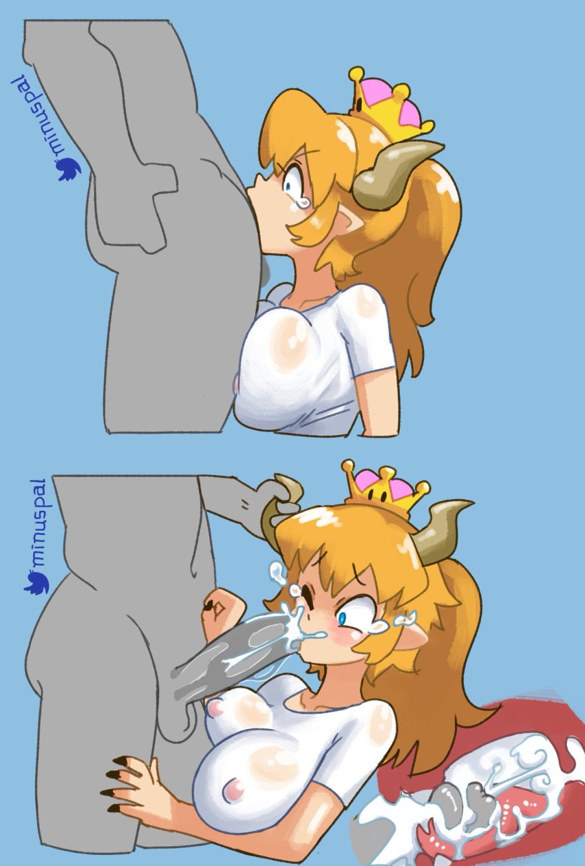 all_the_way_to_the_base big_breasts blonde_hair blue_eyes bowsette breasts crown cum cum_in_mouth cum_in_throat deepthroat deepthroat_no_hands faceless_male female fringe gag gagging horn_grab horns inside_view internal internal_fellatio internal_oral male male/female mario_(series) minus8 monster_girl multiple_images new_super_mario_bros._u_deluxe nintendo nipples one_eye_closed oral oral_sex penis penis_on_tongue petite pointy_ears saliva saliva_trail sharp_teeth simple_background sloppy surprised tight_throat video_games x-ray