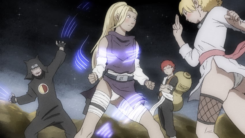 2boys 2girls ass before_sex blonde_hair blush clothing female fighting fighting_stance gaara imminent_sex ino_yamanaka kankuro long_hair male multiple_boys multiple_girls naruto naruto_(classic) naruto_(series) outdoors panties ponytail quad_tails red_hair short_hair standing strings temari temon