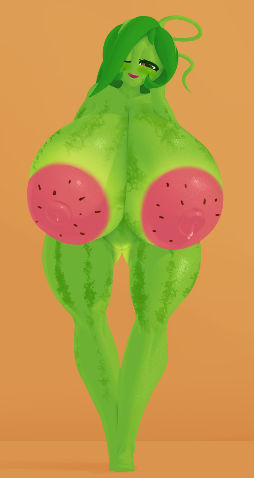 1girls anthro big_areola big_breasts big_nipples dibujosv12 female_only flora_fauna green_hair green_skin huge_breasts huge_nipples maya(v12) naked original_character watermelon