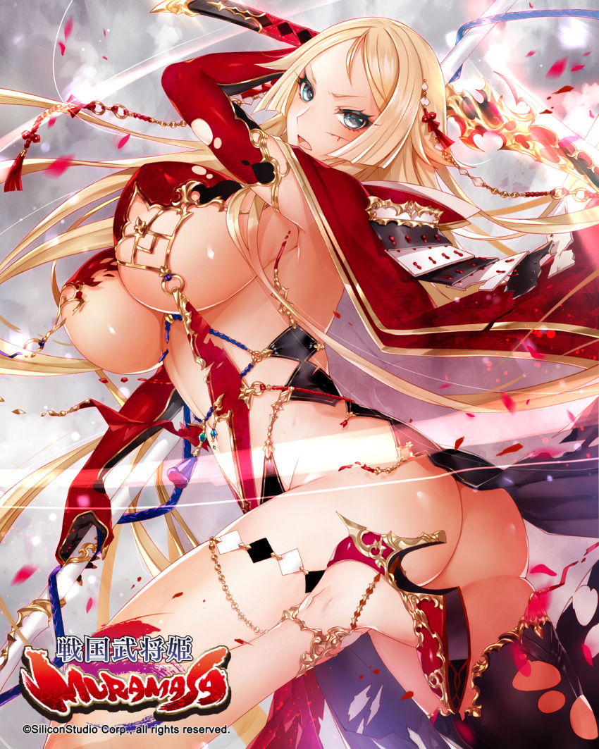 1girls apt ass blonde_hair blue_eyes breasts elbow_gloves female gloves highres huge_breasts katana long_hair looking_at_viewer midriff navel official_art revealing_clothes scar sengoku_bushouki_muramasa solo sword weapon