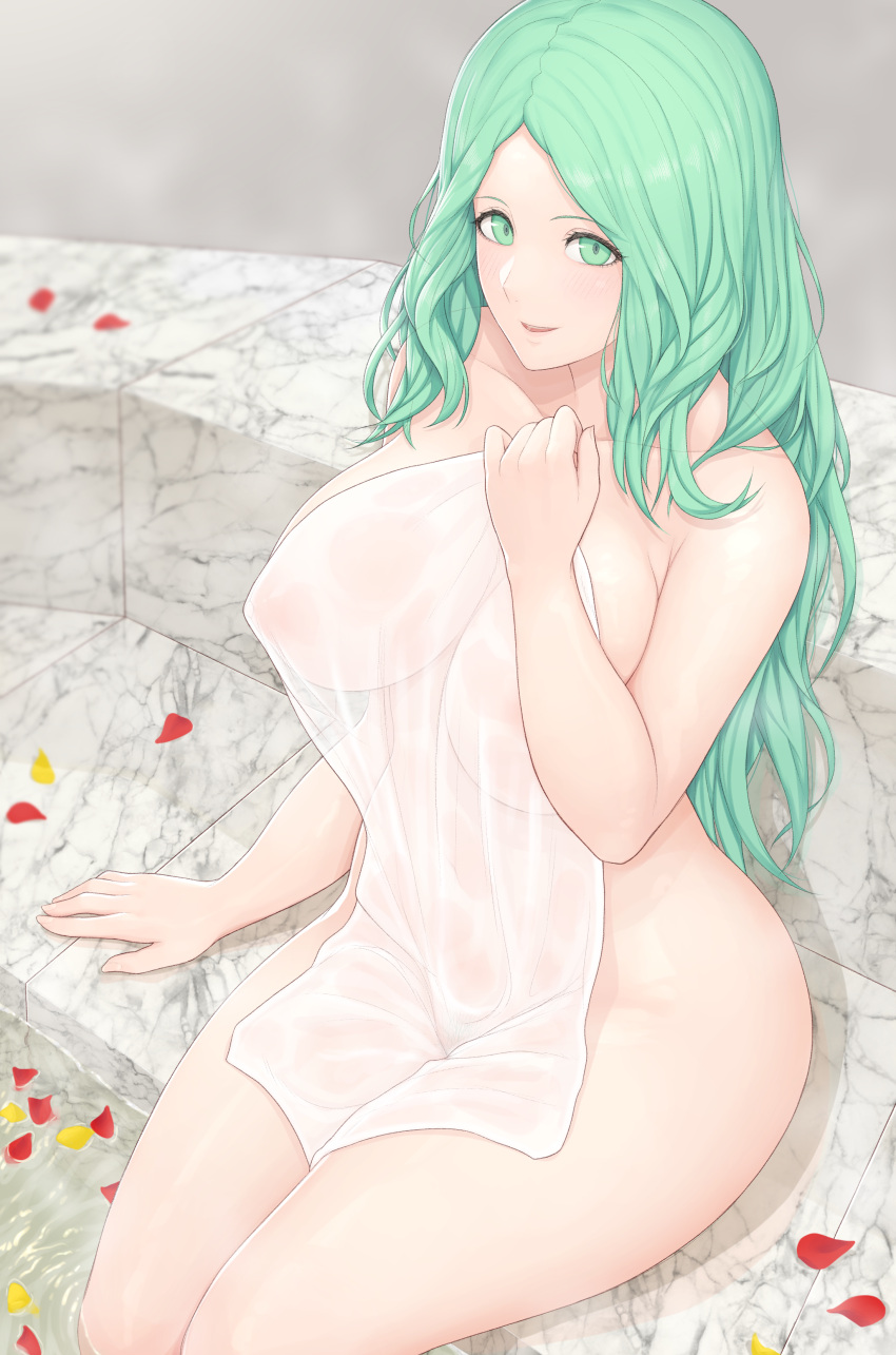 1girls areolae bare_arms bare_shoulders bare_thighs bath big_breasts blush blushing breasts child_bearing_hips collarbone curvaceous curvy curvy_female curvy_figure female female_focus female_only fire_emblem fire_emblem:_three_houses fire_emblem_heroes from_above green_eyes green_hair hips huge_breasts human human_focus human_only large_breasts long_hair looking_at_viewer mature mature_female milf mogtate naked_towel nintendo nipples open_mouth open_smile petals rhea_(fire_emblem) see-through see-through_towel smile smiling solo solo_female solo_focus thick thick_hips thick_thighs thighs towel voluptuous wide_hips