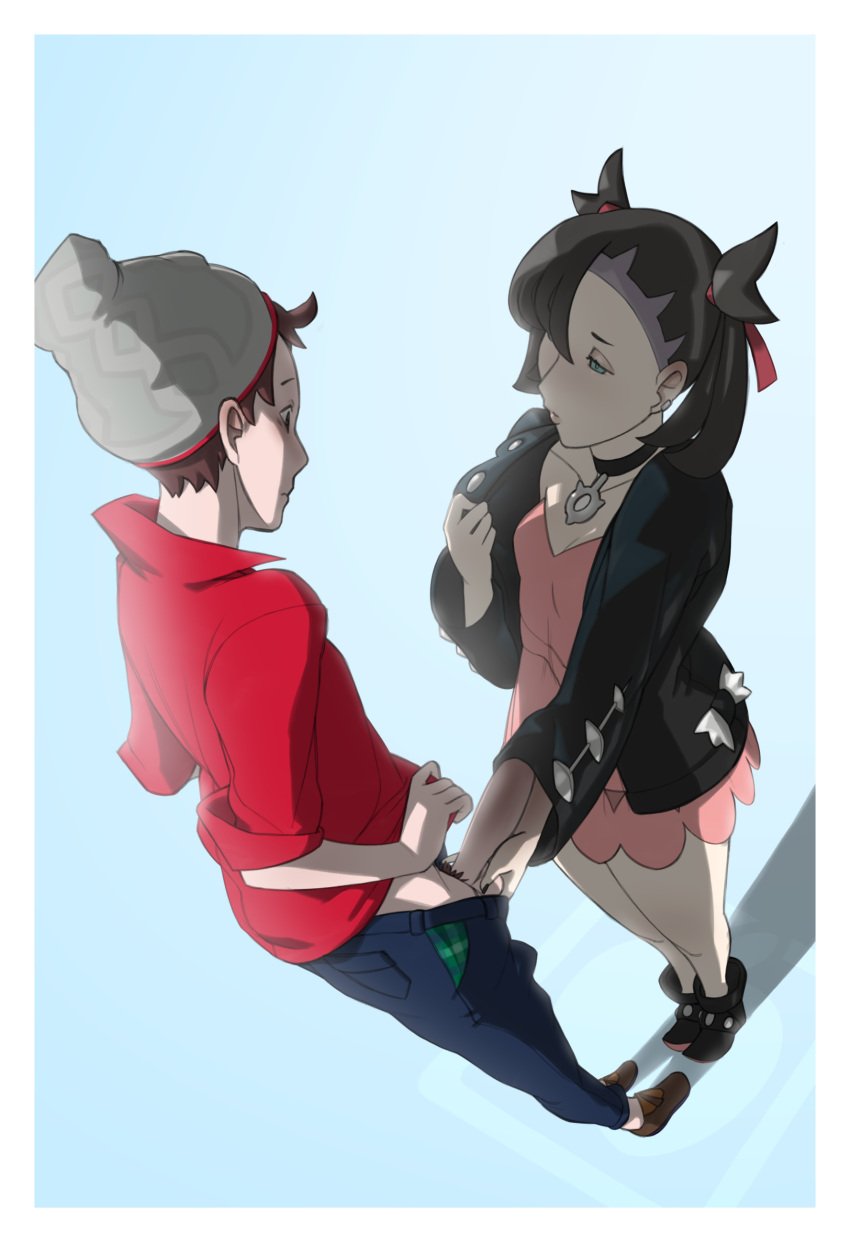 1boy 1girls apuru_kun black_nails holding_penis marnie_(pokemon) nail_polish nintendo pokemon pokemon_ss victor_(pokemon)