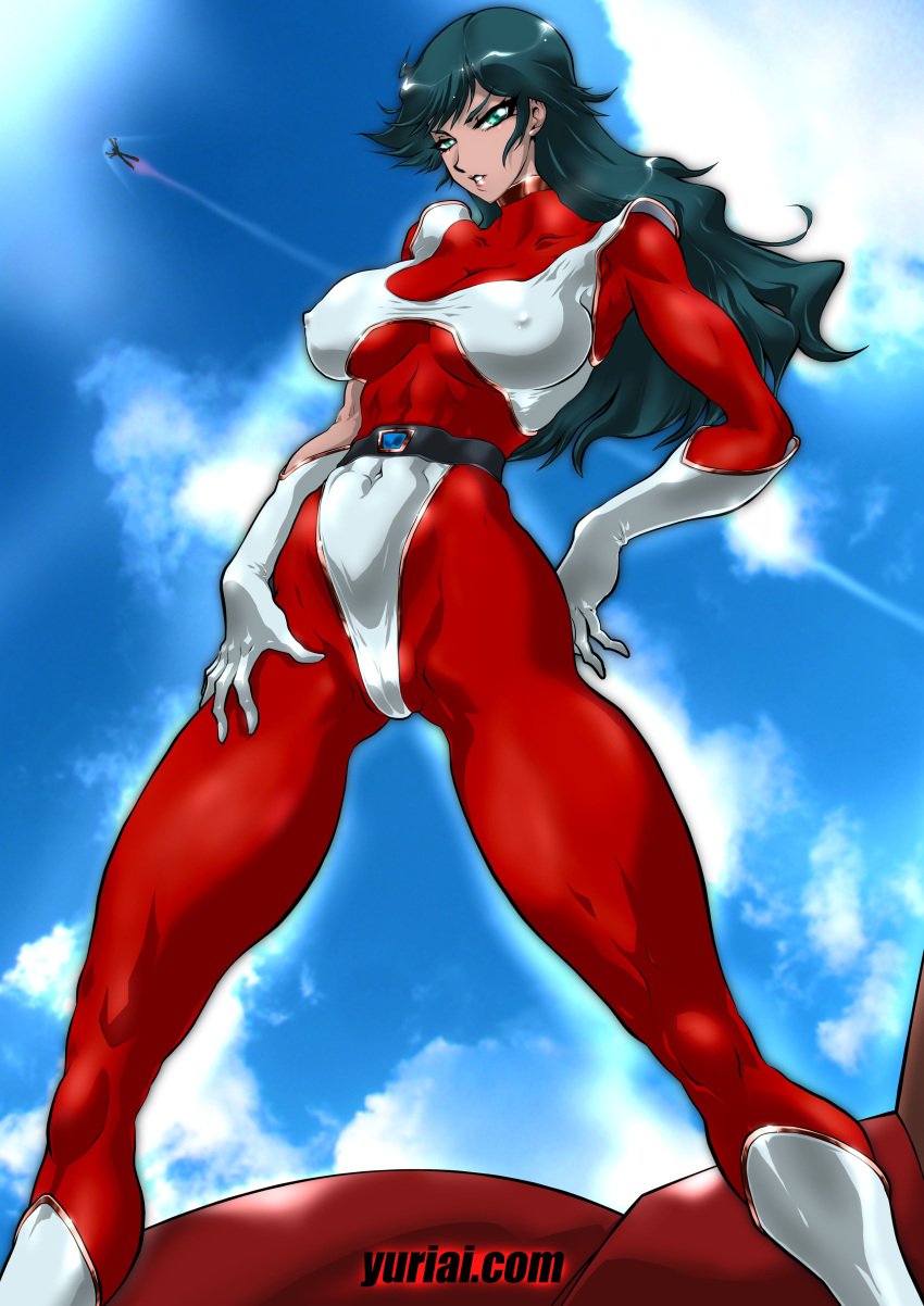 1girls 2020 abs black_hair bodysuit breasts brown_eyes cameltoe curvaceous dark-skinned_female dark_skin female great_mazinger highres human jun_hono large_breasts long_hair looking_at_viewer mazinger muscular_female muscular_thighs nipples nipples_visible_through_clothing pilot_suit pokies solo standing thick_thighs voluptuous wide_hips yuri-ai