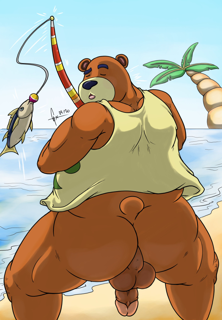 1boy 2022 animal_crossing anthro ass balls ballsack beach bear body_fur bottomless brown_fur butt butt_crack closed_eyes fishing foreskin humanoid_penis intact male male_only nintendo ocean penis perineum retracted_foreskin scrotum smooth_fur smooth_penis tail tank_top teddy_(animal_crossing) testicles tongue uncut ursid