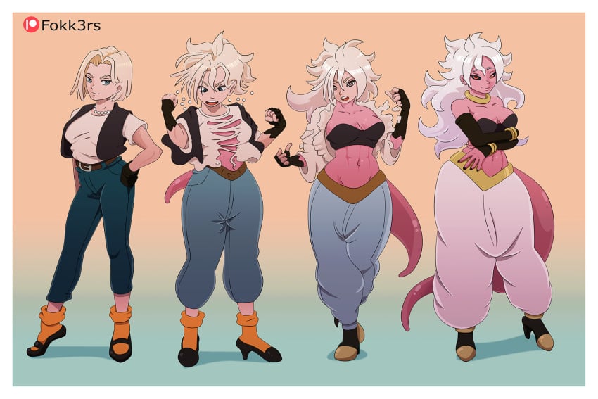 1girls 2010s android_18 android_21 black_sclera blonde_hair breast_expansion breasts cleavage dark_persona dragon_ball dragon_ball_fighterz dragon_ball_z female fokk3rs humanoid long_hair majin majin_android_21 monster_girl pants pink_skin pointy_ears red_eyes short_hair tail transformation white_hair