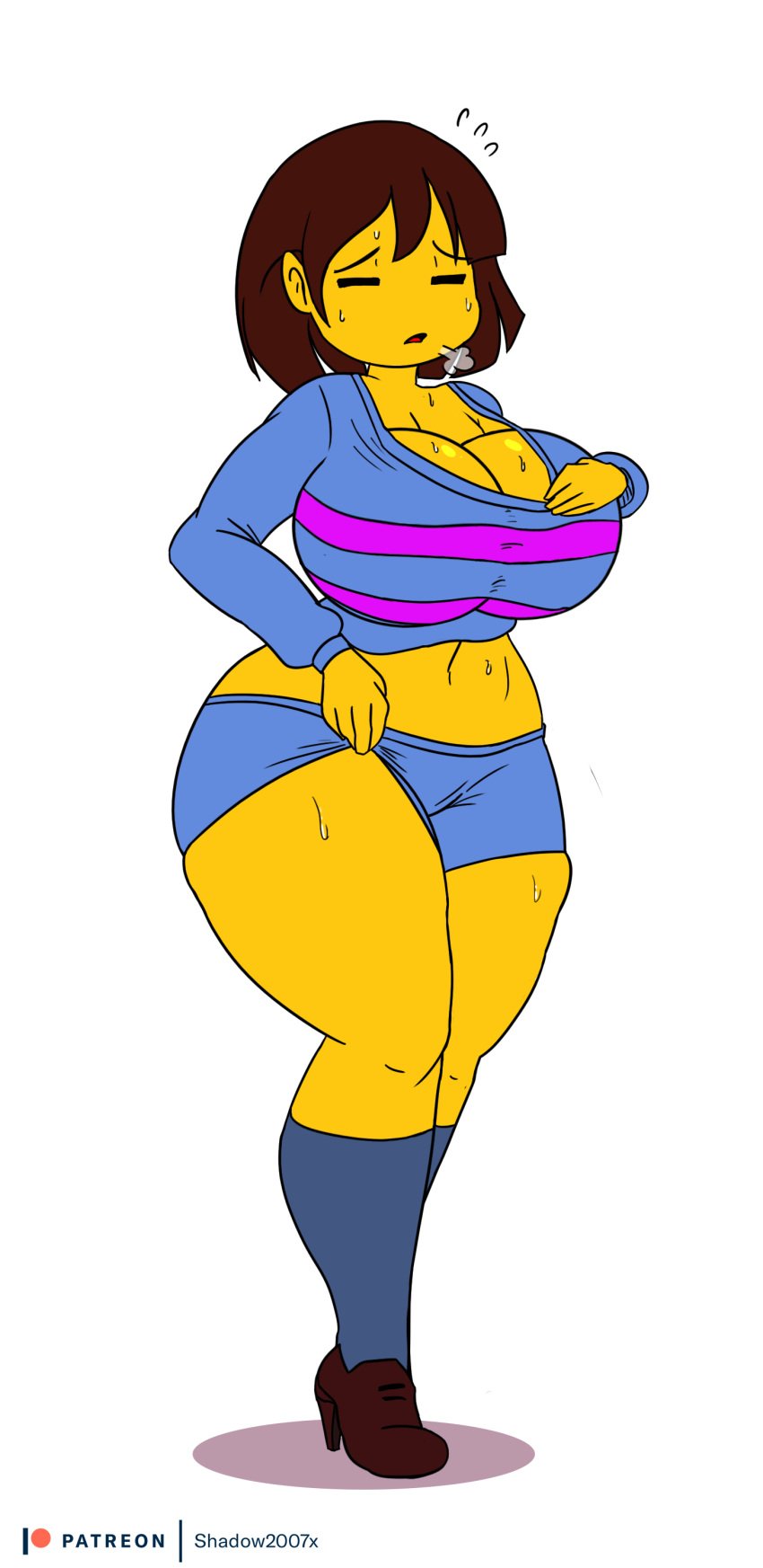 1girls 2021 2d big_breasts brown_hair color commission digital_media_(artwork) female female_only female_protagonist frisk hi_res high_heels human human_female human_only shadow2007x short_shorts solo sweat teasing thick_thighs thunder_thighs undertale undertale_(series) yellow_skin