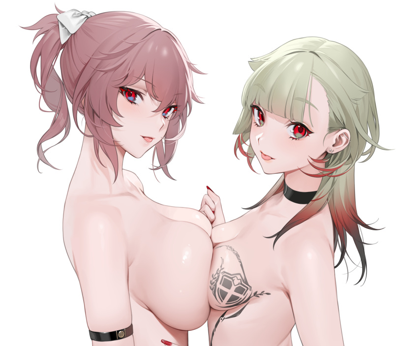 2girls :p armlet asymmetrical_docking azur_lane bare_arms bare_shoulders blonde_hair breast_press breasts choker cleavage collar collarbone duca_degli_abruzzi_(azur_lane) ear_piercing earrings giuseppe_garibaldi_(azur_lane) gradient_hair high_ponytail large_breasts long_hair looking_at_viewer medium_breasts multiple_girls nails nude nude_female ohisashiburi pale-skinned_female pale_skin pink_hair ponytail red_eyes short_hair sideboob tattoo tongue tongue_out upper_body