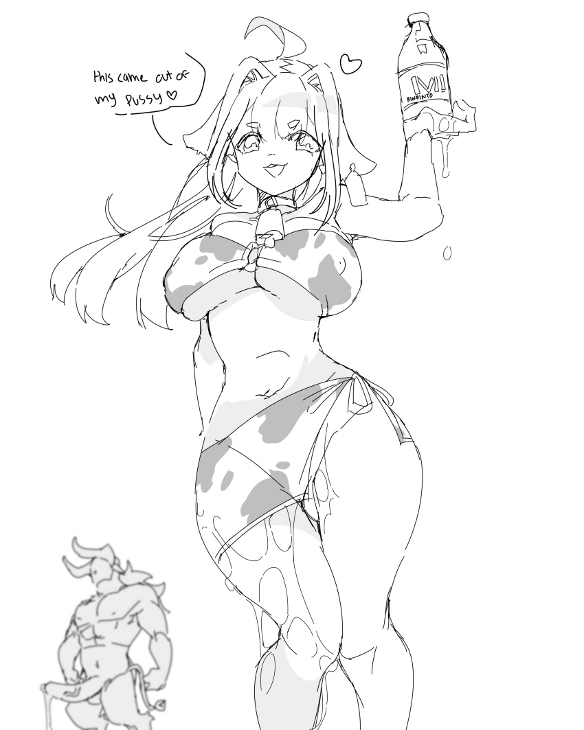 1boy 1girls 2021 4:5 abs absurd_res after_sex after_vaginal ahoge animal_ears arm_behind_back arm_up armpits artist_name bell bell_collar bikini blurry blurry_background bottle breasts bull cleavage collar cow_bikini cow_ears cow_girl cow_print cow_tail cowbell cum cum_drip cum_in_bottle cum_in_container cum_in_pussy cum_inside cum_on_hand cum_on_leg cum_on_lower_body cum_trail ear_tag english_text erection eyebrows_visible_through_hair eyes_visible_through_hair female female_focus greyscale heart highres holding_bottle horns huge_breasts huge_cock knees_together_feet_apart long_hair looking_at_viewer male milk_bottle minotaur monochrome monster_boy muscles muscular muscular_male navel nipple_bulge nude o-ring o-ring_bikini open_mouth original pecs penis rinbinto sarong see-through see-through_clothing signature simple_background smaller_female smile speech_bubble spoken_heart standing swimsuit tail teeth testicles text thick_thighs thighs underboob vein veiny_penis when_you_see_it white_background wide_hips year_of_the_ox