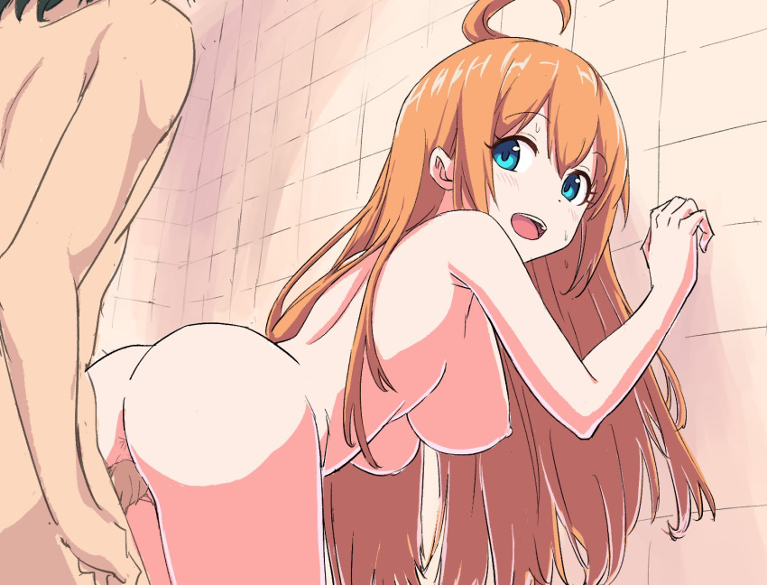 1boy :d against_wall ahoge anus arched_back ass back bangs bent_over blue_eyes blush breasts completely_nude female hair_over_shoulder happy_sex indoors large_breasts long_hair looking_back nipples nude nude_female open_mouth orange_hair pecorine penis princess_connect! puriketsu03 pussy sex smile solo_focus standing standing_sex straight sweat vaginal_penetration