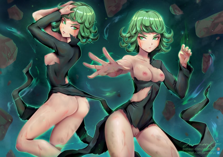 1girls breasts bruise dual_persona female female_only green_eyes green_hair injury jammeryx looking_at_viewer one-punch_man pussy solo tatsumaki torn_clothes wavy_hair